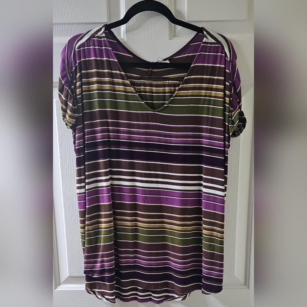 Cato Striped V-Neck w/ Ruching on the sleeves Women's Tunic Purple, Green, Brown